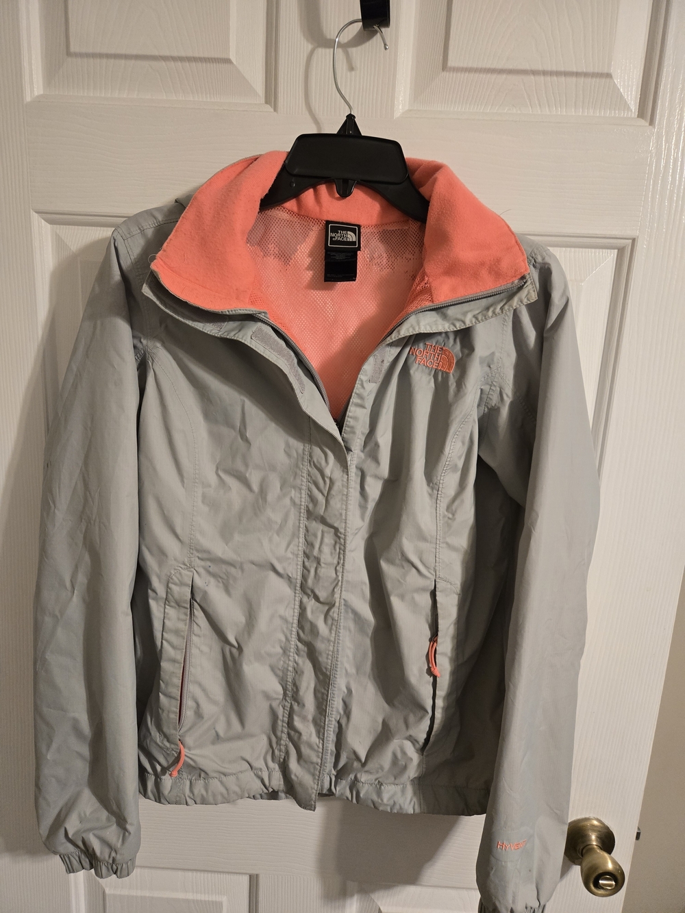 The North Face Women’s Light Gray Rain Jacket with Coral Lining